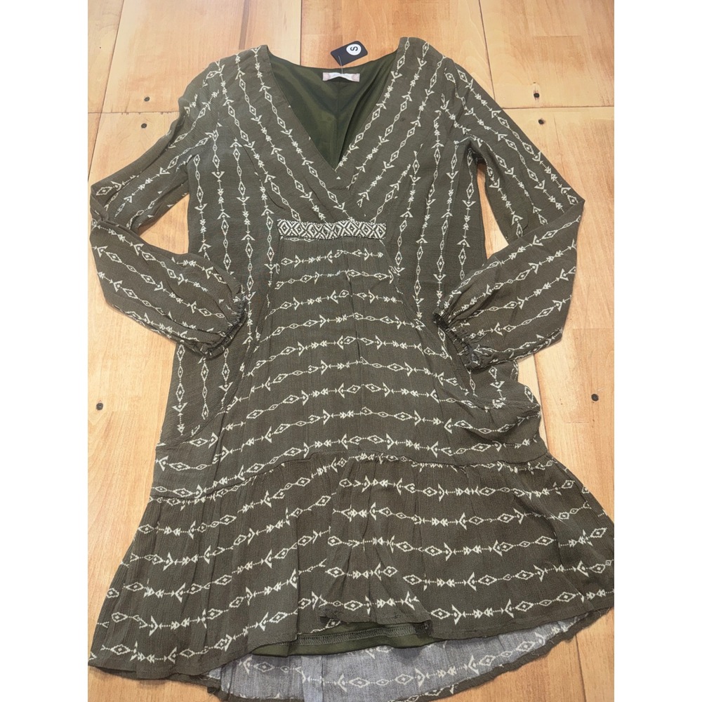 Altar State Olive Green Tribal Print Long Sleeve Tiered‎ Mini Dress S